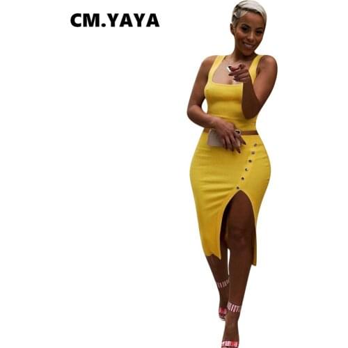 CM.YAYA Women Skirt Set Solid Crop Tanks Tops + Splited Midi Skirts Two 2 Piece Sets for Ladies Sexy Fashion Outfits Autumn 2021