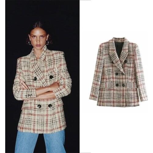 2021 Tweed Plaid Blazer Suit Fashion Contrast Colors Mid Length Coats Women Casual Simple Office Blazer Casual Commute Clothing