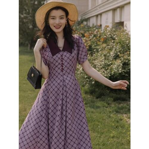 2020 new fashion womens clothing Peter pan Collar Plaid Vintage dress women dress dresses