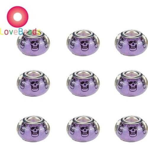 10Pcs 14x8mm Skull Round Resin Rondelle Bead Large Hole European Beads Fit Pandora Bracelet Charms Necklaces Women Men Jewelry