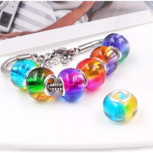 10Pcs Color Beads 5mm Hole Silver Plated European Murano Glass Spacer Bead Charms Fit Pandora Bracelet Chain Bangle Necklaces