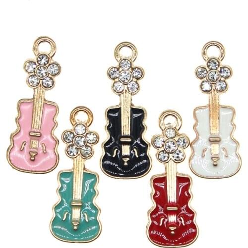 10pcs/lot Cute Violin Enamel Drop Oil Inlaid rhinestone musical instrument Charms Alloy Floating Pendant fit Bracelet Jewelry