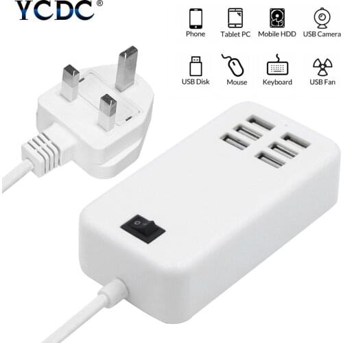 6 Port Portable USB Hub Desktop Wall Charger AC Power Adapter UK Plug Slots Charging Extension Socket Outlet With Switch