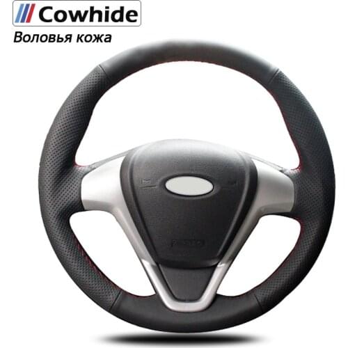 Handsewing Black Genuine Leather Steering Wheel Covers For Ford Fiesta 2008-2013 Ecosport 2013-2016