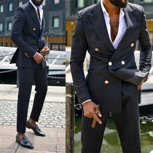 Black 2 Piece Men Suits Modern Metal Button Formal Wedding Tuxedo Cotton Double Breasted Customized Lapel Party Suits Coat+Pant