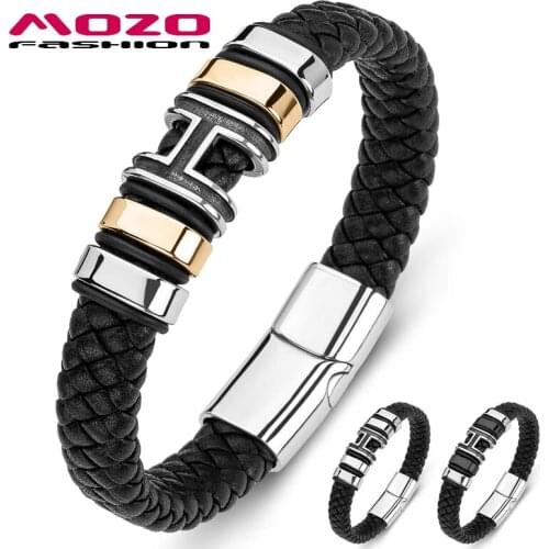 Men Bracelets Braided Hip Hop Stainless Steel Trendy Letter H Punk Genuine Leather Bangle Male Jewelry
