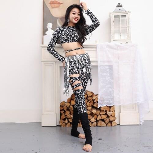 Belly Dance Costume Set Leopard Print Top Pants Hip Scarf Performance Oriental Competition Bellydance Professional Practice Wear