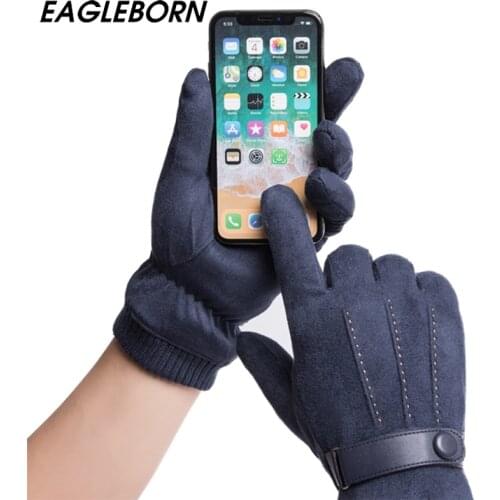 EAGLEBORN Men Real Suede Leather Gloves Touch Screen Winter Warm Velvet Thick Male Outddor Motorbike Cycling Yellow Gloves