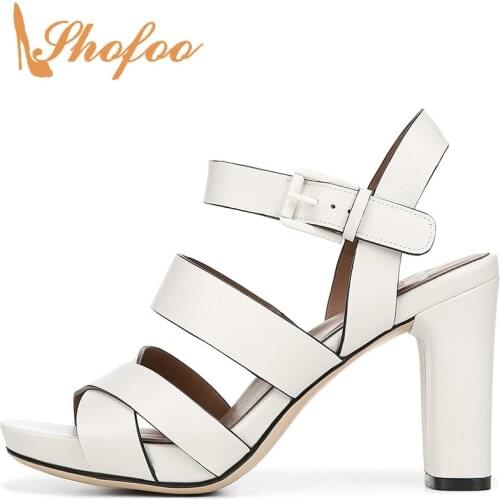 Basic Sandals Woman Solid Black/White Buckle Strap Super High Square Heels Female Fashion Casual Mature Footwear Plus Size 13 16