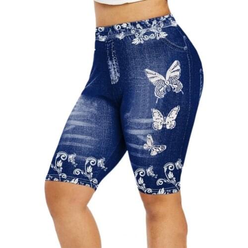 Plus Size Summer Women Shorts Casual High Waist Hip Lift Butterfly Print Skinny Denim Shorts Sports Joggers Shorts