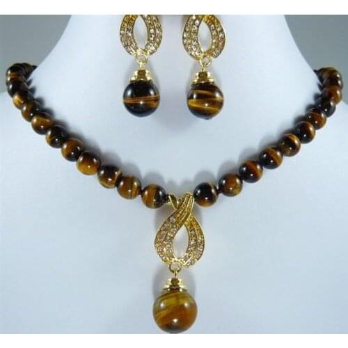 Prett Lovely Womens Wedding shipping> >10MM tigers eye beads earring set Ms.-jewelrynoble ladys