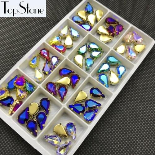 Topstone Colors AB 6x10,8x13mm Teardrop Glass Fancy Stone with Brass Claw Setting Droplet Sewing Crystals Jewelry Beads