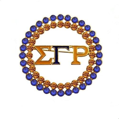 Yellow Blue Crystal White Pearl Circle Greek Letter Sigma Gamma Rho Brooch Sorority SGRHO Lapel Pin Jewelry