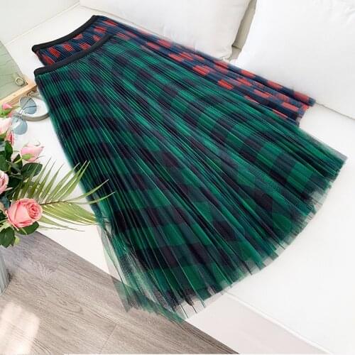 Harajuku Tulle A-Line Mid-Calf Skirt Ladies 2021 Spring Summer Women Vintage Mesh Patchwork Long Skirts High Waist Plaid