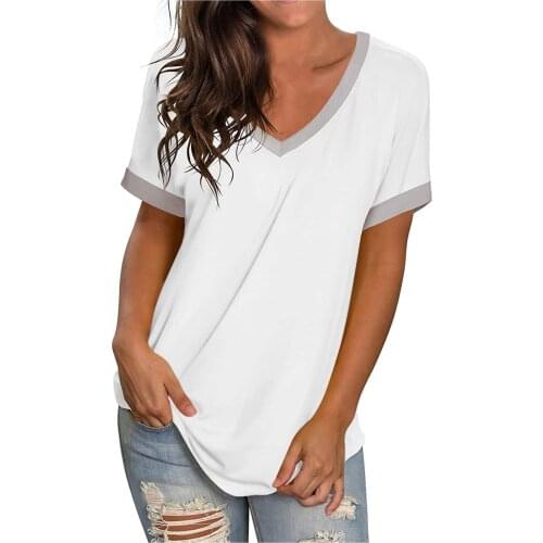 Patchwork White Shirts For Female 2021 Summer Clothes Womens Fashion Casual V-neck Solid Color Loose Short-sleeved Shirt Top