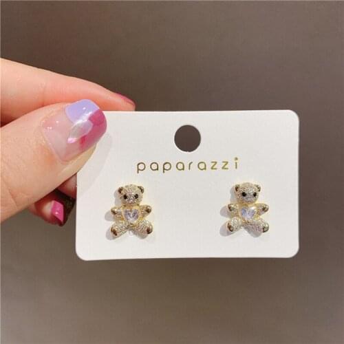 2021 New Design Korean Fashion Jewelery Zircon Crystal Bear Love Stud Earrings for Woman Holiday Party Daily Exquisite Earring