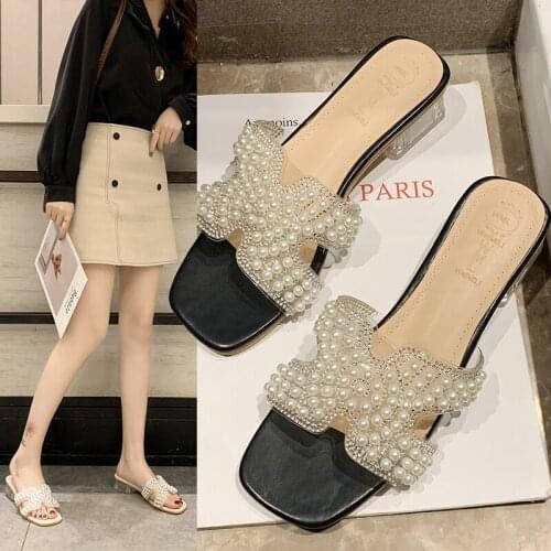 Womens slippers outside Summer New Fashion Beaded Skin Comfortable Low Inside With Elegant Sweet Casual Wild Sandals U30-42