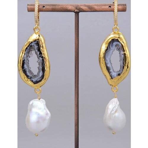Natural Freshwater Cultured White Keshi Pearl Gold Plated Quartz Agates CZ Hook Earrings Vintage For Women