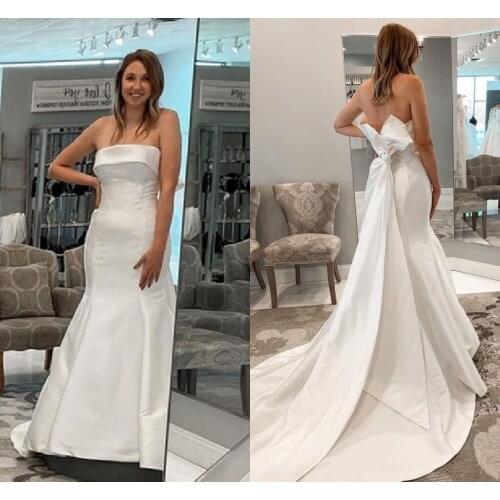 Simple Satin Wedding Dress With Bow 2021 Sweep Train Mermaid Elegant Custom Made For brides Robe De Mariee Backless Unique