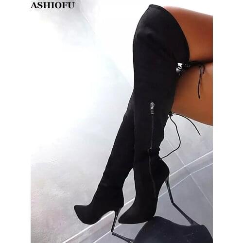 ASHIOFU Handmade Womens Thigh High Boots Shoelace Knots Party Prom Club Over Knee Boots Large Size Evening Fashion Boots Shoes