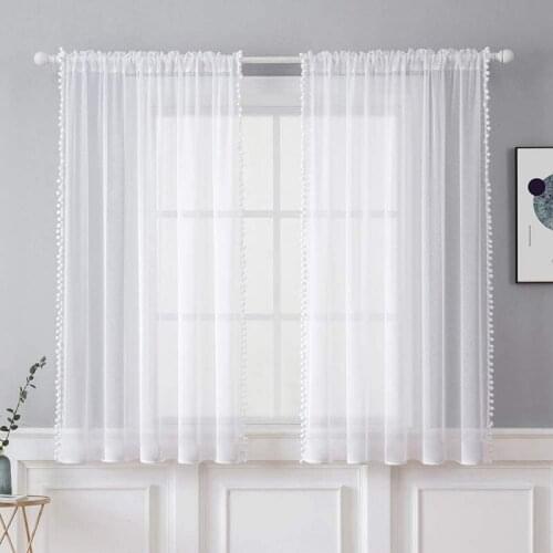 White Sheer Curtain Window Lace Pompom Curtain For Living Room Bedroom Kitchen Finished Window Treatment Decorations Panel