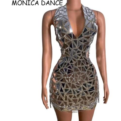 Shining Silver Mirrors Crystals Chains V-neck Dress Evening Party Wear Prom Sequins Dresses Singer Birthday Celebrate Costomes