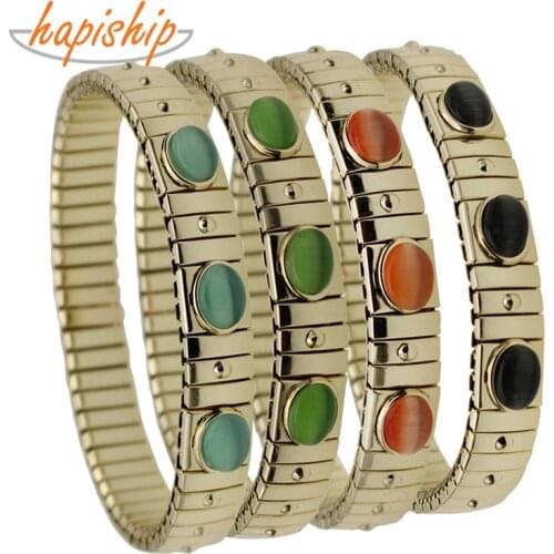 Hapiship 2018 Womens Jewelry 9mm Width Stainless Steel Opals Gold 17cm Elastic Bracelet For Best Friend Wife Gift MY01