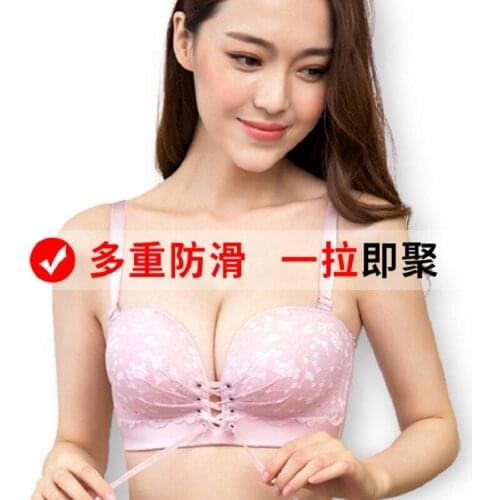 Two wearing methods without shoulder strap bra sexy gathering underwear breathable lace flower face massage palm cup chest stick