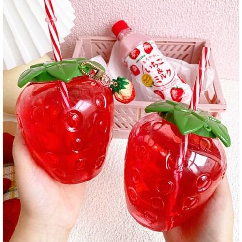 Kawaii Strawberry Water Cups With Straw Creative Clear Plastic Bottle For Girl Cute Milk Cold Juice Drink Portable Water Cups