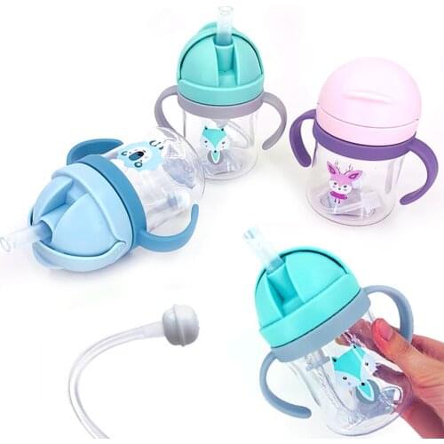 Baby Feeding Bottle Kids Cup Silicone Sippy Children Leakproof Drinking Cups Cartoon Infant Straw Handle Drinkware