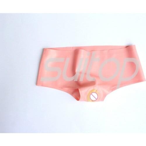 100% Baby pink erotic latex rubber short with inflatable genitals and ass, the genitals and ass is transparent color