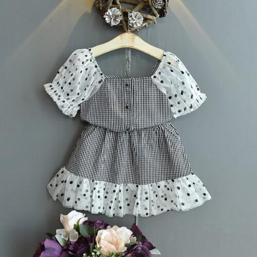 Kids Set Summer New Baby Girls Plaid Dress 2Pcs Bubble Sleeve T-shirt Tops + Lace Skirt Set Korean Style Kids Children Clothing