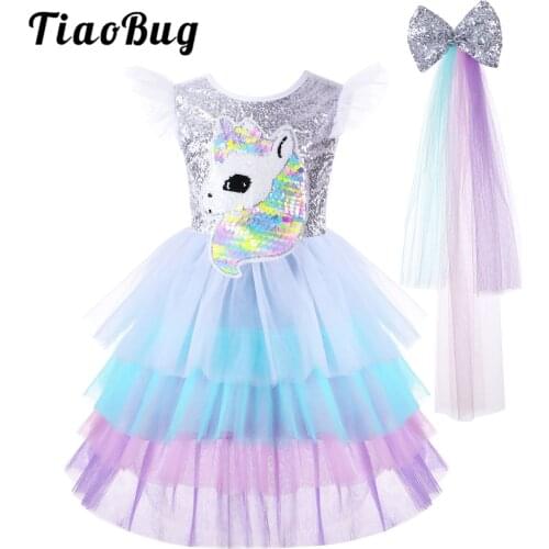 Flower Girls Dress Cartoon Horse Printed Rainbow Sequins Princess Dress Kids Cosplay Dress Childrens Birthday Party Costume
