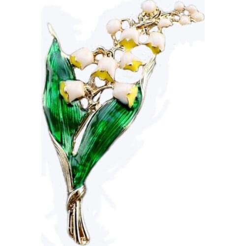 Elegant Unisex Golden Plated Lily of The Valley Flores Convallariae Green Enamel Leaves Metal Brooches Suit Dress Coat Cloth Art