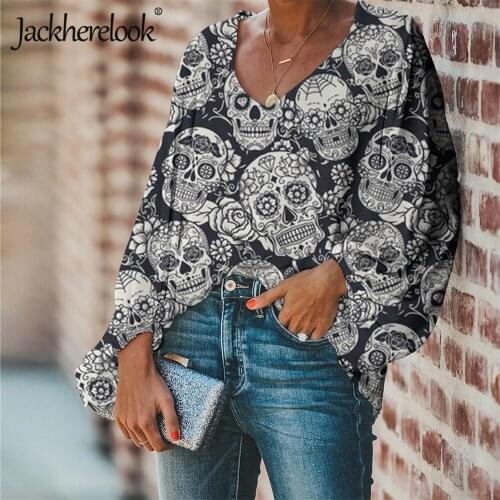 Jackherelook Vintage Sugar Skull Brand Design Harajuku Tops Chiffon Blouses Spring Lantern Sleeve Shirts Blusas Mujer Plus Size