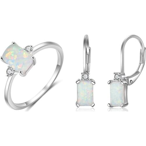 925 Sterling Silver Rings Earrings Sets Rectangular Opal Rings Hoop Earrings Jewelry Sets for Women 925 Sterling Silver Jewelry