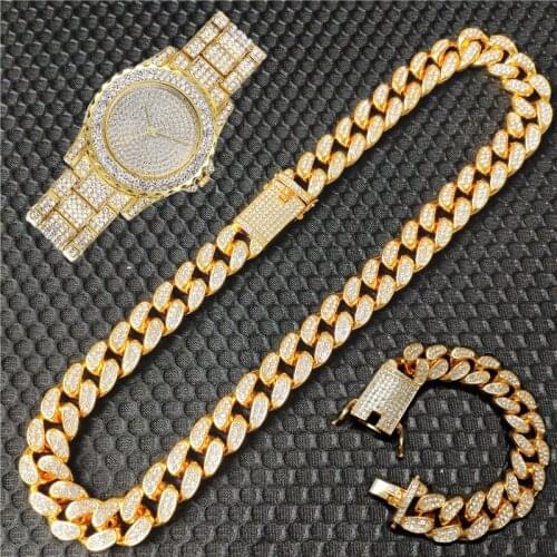 3pcs Kit Hip Hop 20MM Full Heavy Iced Out Paved Rhinestone Miami CZ Curb Cuban Rapper Necklace+Watch+Bracelet For Men Jewelry