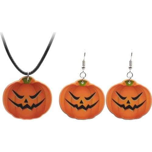 Women Halloween Cartoon Pumpkin Drop Earrings Set Pumpkin Pendant Necklace Dangle Earrings Accessories Halloween Party
