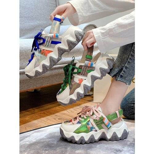 Height Increasing Sneaker Women Lace-up Air Mesh Sequined Colorful Sole Breathable Female Chunky Summer Sneakers Shoes 36-42