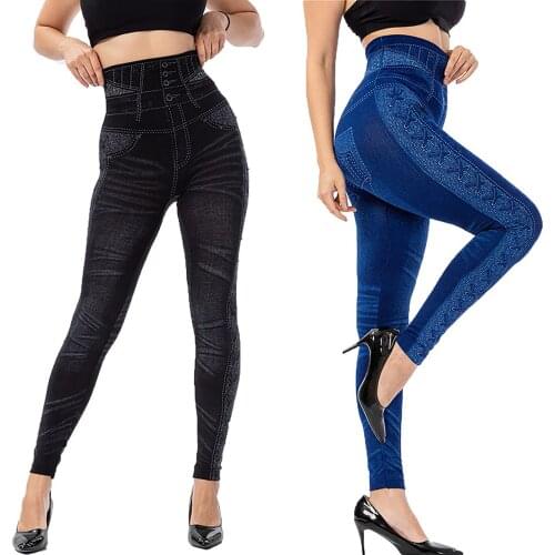 High Waist Imitation Jean Leggings Women Casual Cowboy Leggins Bead Elasticity Slim Cropped Pants Workout Running Pantalones