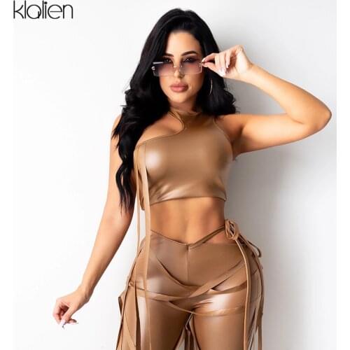 KLALIEN Fashion Sexy Slim Solid PU Leather Hollow Out Crop Top Women 2021 New Simple Casual Streetwear Basic Female Tank Top