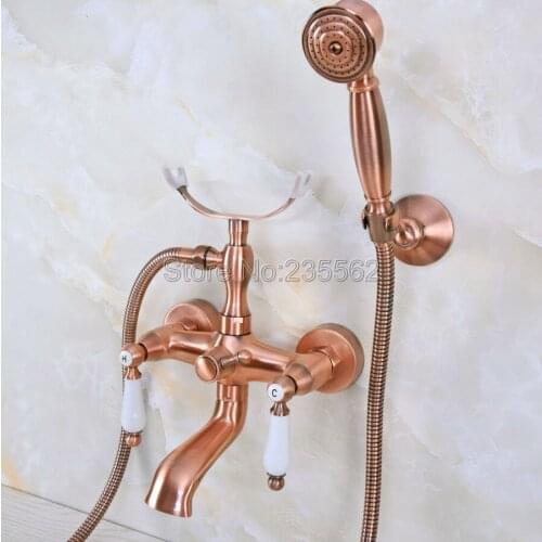 Wall Mount Antique Red Copper Clawfoot Bathtub Faucet Mixer With Hand Shower lna374