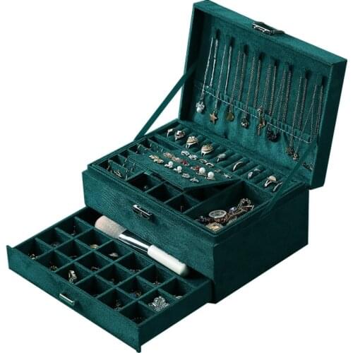 MOONLAY Flannel 3-Laye Jewelry Organizer Box Earrings Rings Storage Classification with Lock for Display