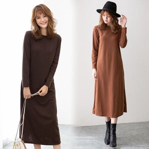 2020 Autumn New Style Slim Style Korean Long DRESS round-Neck Long Sleeve CASUAL Dress Fashion Solid Color Womens Dress