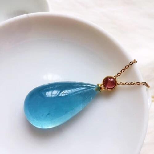 Genuine Natural Blue Aquamarine Water Drop Pendant 31*16mm Brazil Women Fashion Jewelry Necklace AAAAA