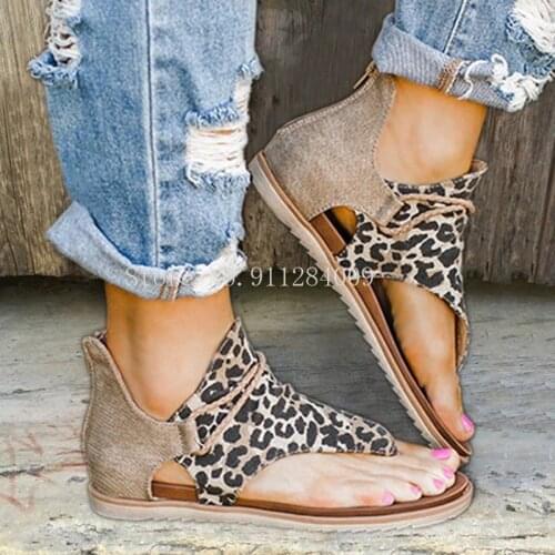 Women Flat Sandals Leopard Snake Print Summer Shoes Large Size Andals Beach Leather Sandals Retro Gladiator Flip Flops Slippers