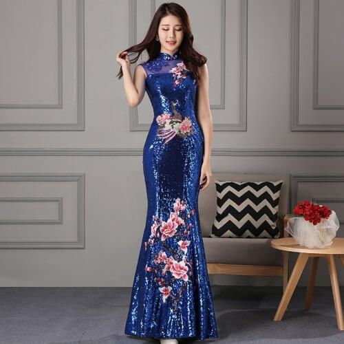 Blue Fashion Party Dress Oriental Women Elegant Slim Cheongsam Chinese Style Wedding Long Qipao Luxury Robe Vestido XS-3XL