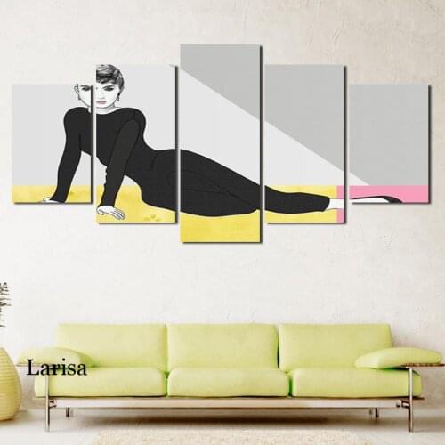 Modern Fashion Prints 5 Panel Canvas Painting Lady Portrait Poster and Prints Wall Art Picture for Living Room Bedroom Decor