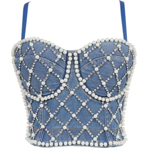 Hand-Made Luxury Pearls Beading Denim Crop top Womens Sexy Push Up Bustier Bra High Quality Night Club Party Camisole Clothes