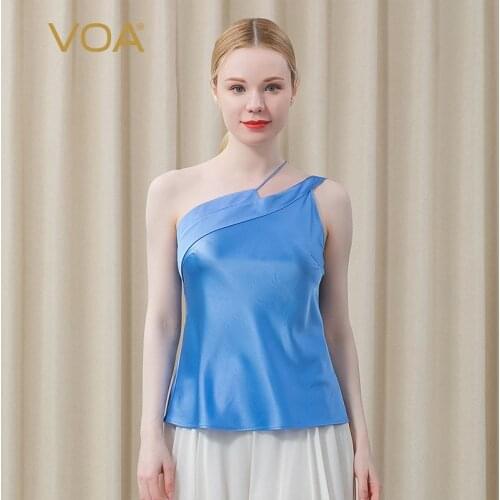 VOA Sexy Solid Women Sleeveless Silk Short Top Elegant Female Spaghetti Straps Summer High Street Style Tank Top 2021 New DE21